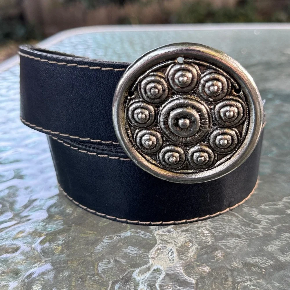 Genuine Black Leather Wide Belt Oversized Silver Medallion Buckle Western Boho